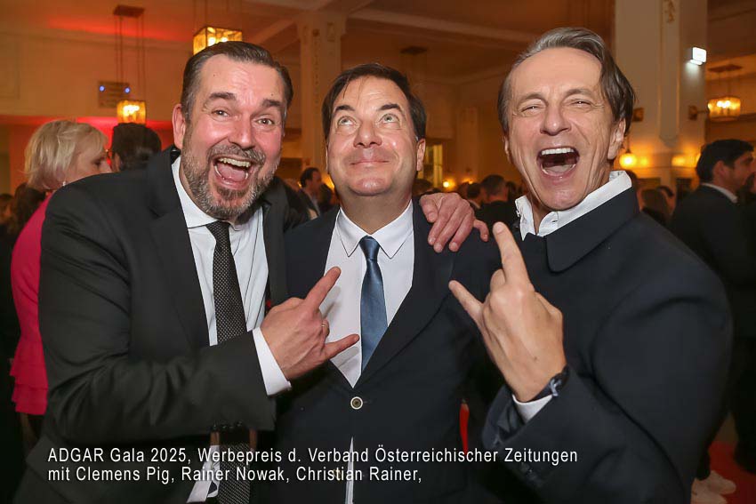 13.03.2025, Wiener Konzerthaus, ADGAR Gala 2025, Werbepreis d. Verband Österreichischer Zeitungen
im Bild: Clemens Pig, Rainer Nowak, Christian Rainer,